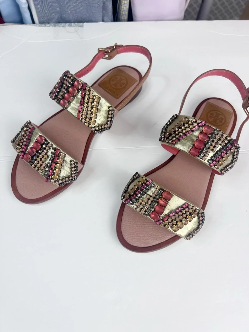 NIB Tory Burch Tanner Jeweled Embellished Metallic Strap Sandals in Pink/Tan